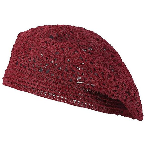 Accessories - Women Cotton Slouchy Crochet Beret Plain Burgundy